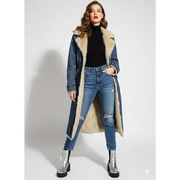 VTG Steve Madden Coat Womens Medium Blue Denim Faux Shearling Lined Long Y2K - Picture 1 of 10